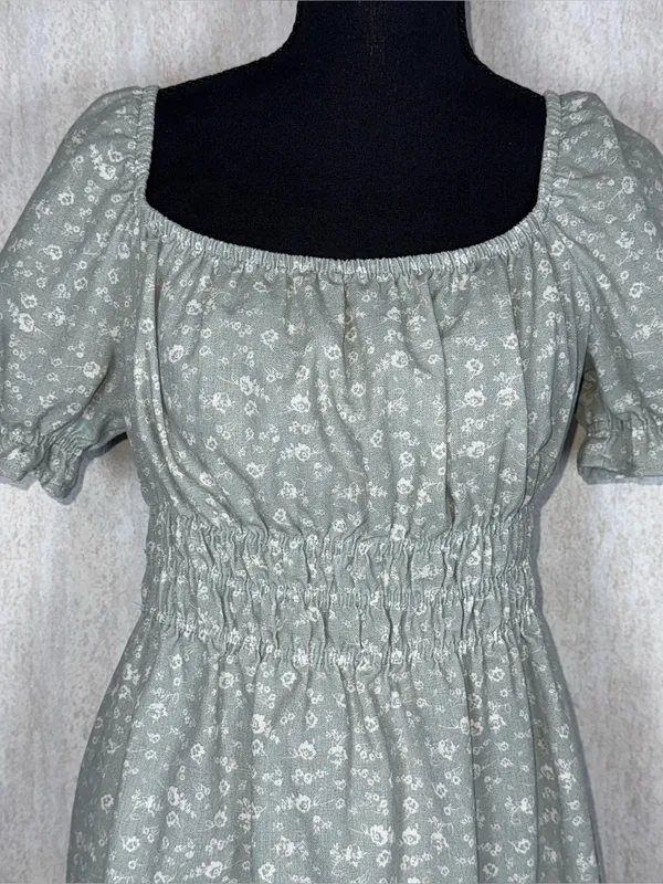 Iris Sage Green Floral Linen Blend Mini Dress L Puff Sleeve Cinched Waist Cottagecore - Image 4