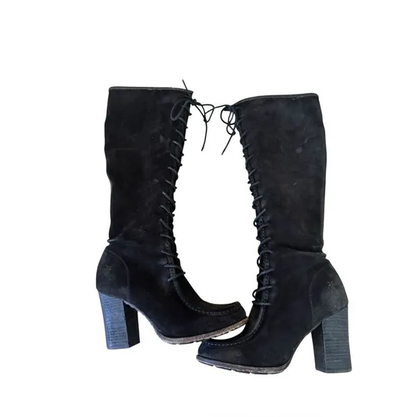 FRYE PARKER MOCCASIN LACE UP KNEE HIGH ZIPPER Black Suede RARE 8 - Image 3