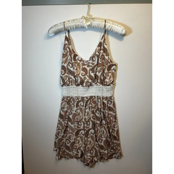 Justify XL Cream Brown Paisley Rayon Crochet Waist Sleeveless Boho Jumper Dress - Image 12