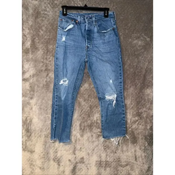 Levi’s 501 Distressed Medium Wash Button Fly Raw Hem Jeans Size 27 #774 - Image 2