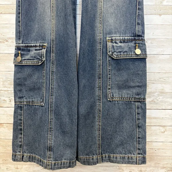 Cider Womens XS Jeans High Waist Cargo Carpenter Utility Wide Leg Y2K Med. Wash‎ - Image 3