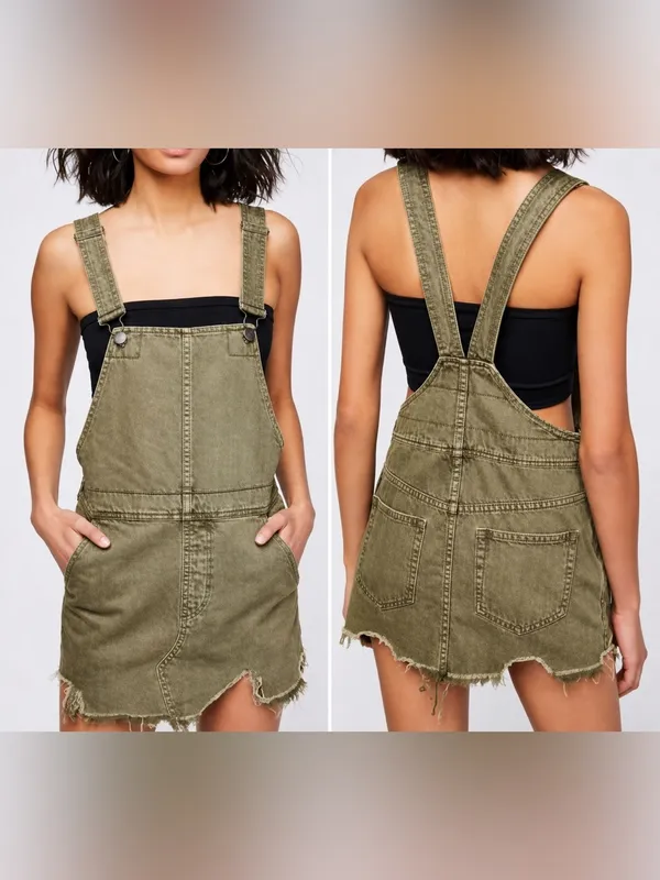💚✨ Free People‎ Olive Green Distressed Overall Mini Dress Size 4 ✨💚 - Image 2