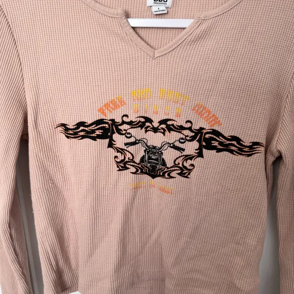 BDG Beige Long Sleeve Free Ridin Motorcycle Graphic Waffles Top LARGE - Image 2