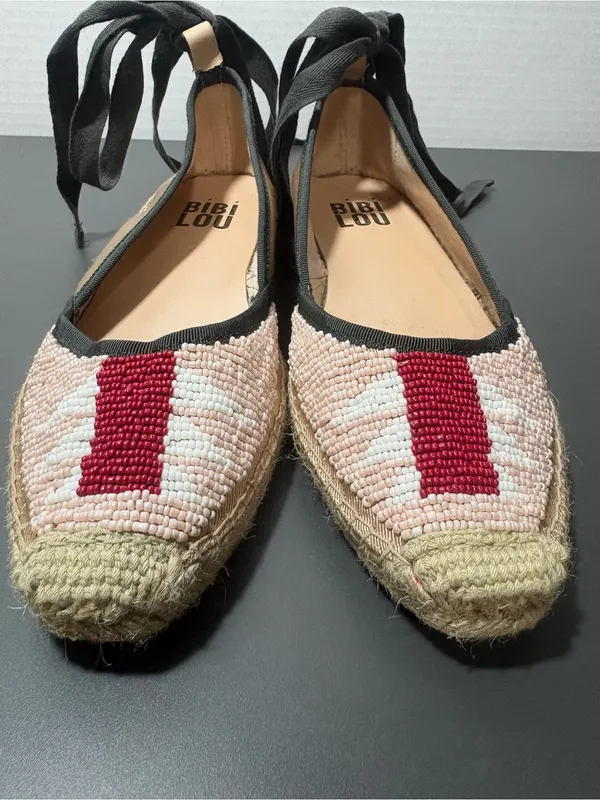 BIBI LOU Red-Accent Beaded Espadrille Flats with Ankle Ties - Image 3