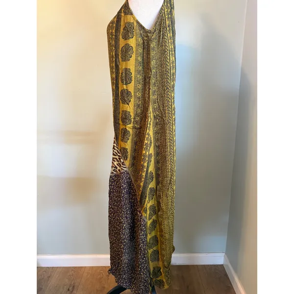 René Derhy patchwork Maxi Dress Mustard Leopard Flora vintage boho whimsigoth L - Image 3