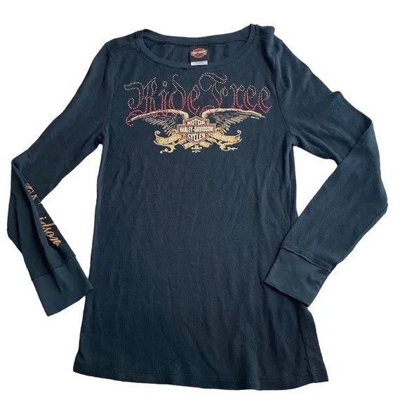 Harley Davidson Y2K studded henley long‎ sleeve Silver Eagle dealership size XL - Image 2