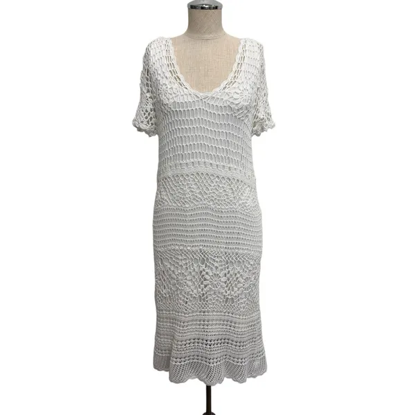 Vtg Y2K Fever M Medium Dress Crochet Open‎ Knit Sheer Lined Romantic Beachy Boho - Image 2