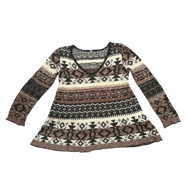 Free People Tunic Sweater Womens S Brown Excellent Southwestern V-Neck Knit - Image 2