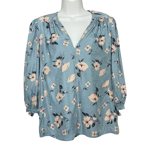Rebecca Taylor Daniella Floral Blouse Dot Pattern Blue V-Neck Top Tie Cuff Women - Image 4