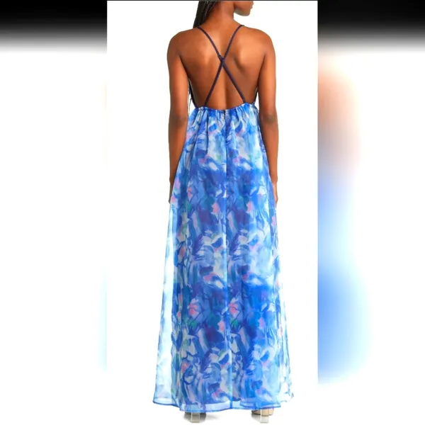 NWT LULUS Bloom Wildly Floral Organza Gown Navy blue SIZE M - Image 2