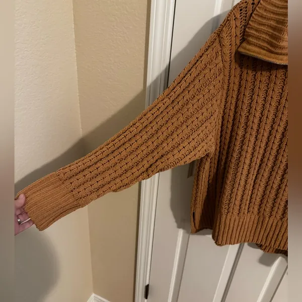 Aerie Cable Oversized Knit Stretch Sweater Quarter 1/4 Zip Soft Tan L - Image 4