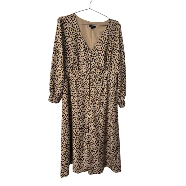 J.Crew Midi Dress Tan Leopard Print V-Neck Long Sleeve Button Front Size 12 - Image 2