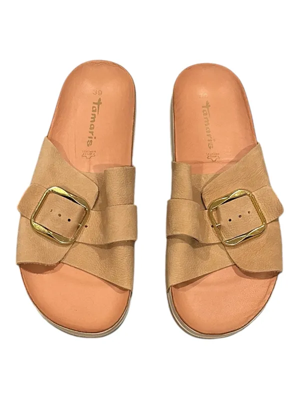 Tamaris Minimalist Suede Leather Slides Goldtone Buckle 39 - Image 2