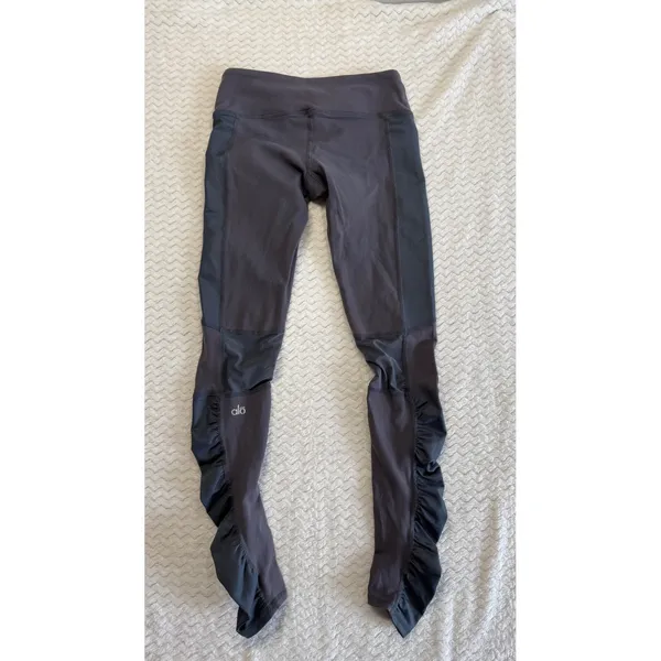 Alo Yoga Goddess Leggings Charcoal Gray Mesh Panel Ruched Over The Heel Pants - Image 2