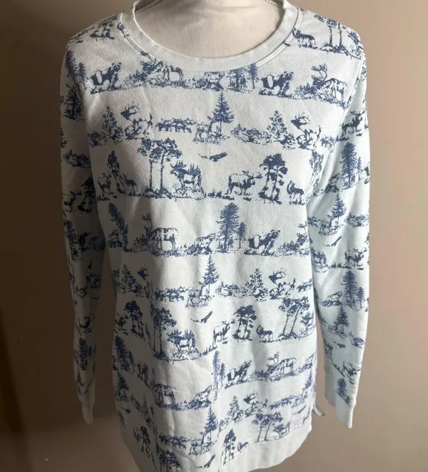 Vintage lands end Blue and White Scenic Print Sweatshirt size large - Image 2