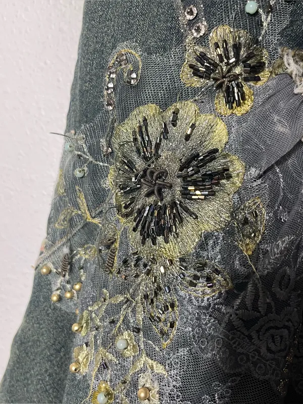 Y2K Vintage Asymmetrical Lace Hem Floral Beaded Fairy Grunge Denim Midi Skirt - Image 7