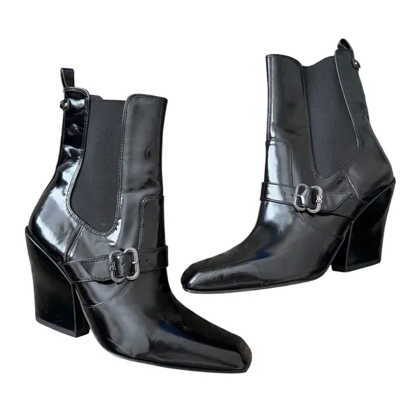 Sam Edelman Suzette Black Patent Square Toe Buckle Block Heel Ankle Boots 8.5M - Image 6