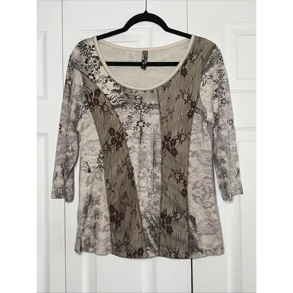 Vanilla Sugar Mixed Media Floral Lace Top Size Large‎ Brown Boho Y2K Cotton USA - Image 2