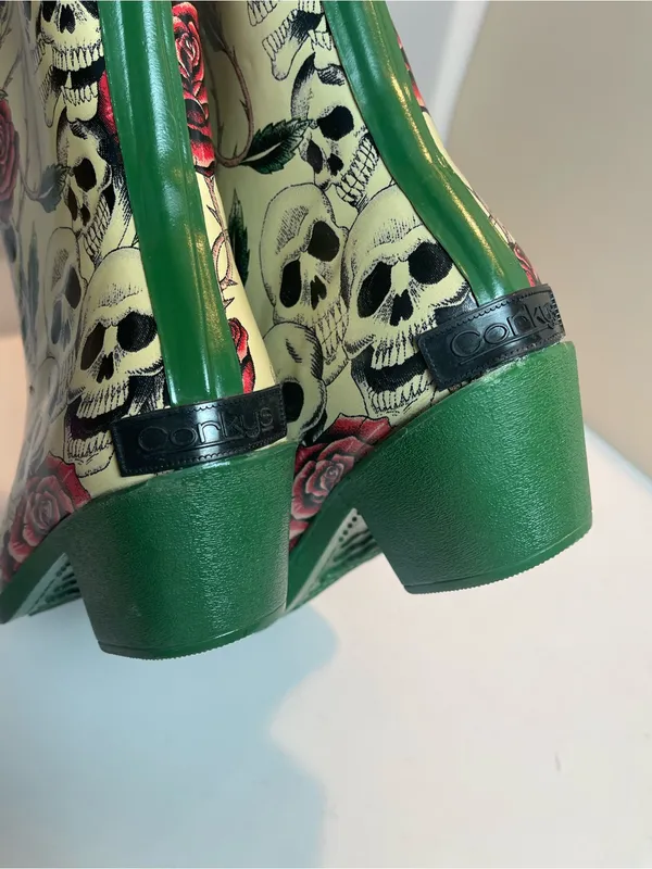Corkys Edgy Skull Rose Western Cowboy Rain Boots Alternative Grunge Block Heel 8 - Image 7