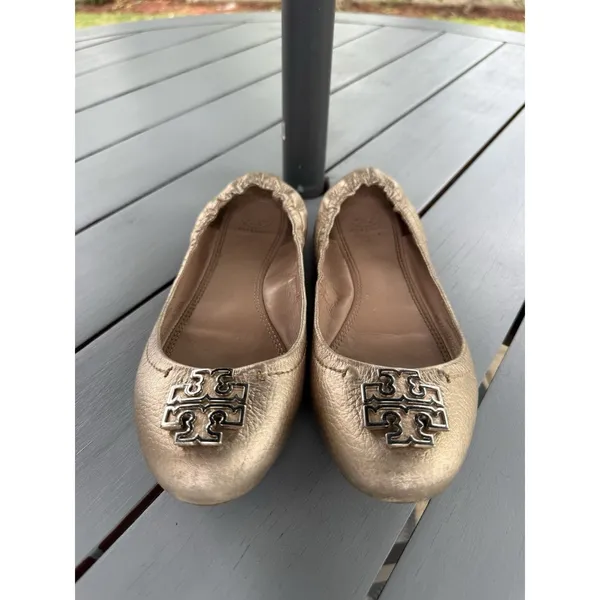 Tory Burch Melinda Ballet Flats Metallic Gold Leather Double T Logo Size 7.5 M - Image 2