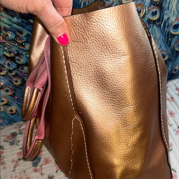 Coach Rose Gold Metallic Tote Bag with Pink Canvas Straps - Image 5