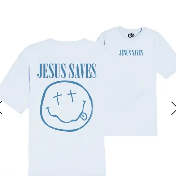 New glo 2X Jesus Saves dusty blue T shirt God’s love overcomes - Image 2