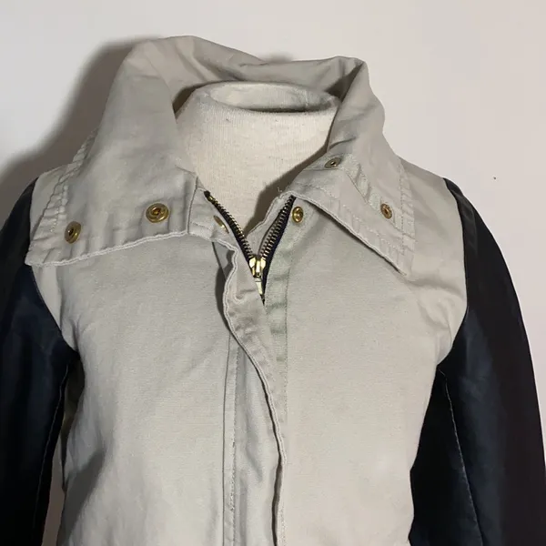 Women’s JJ utility jacket coat canvas contrast sleeves faux Leather small tan - Image 3