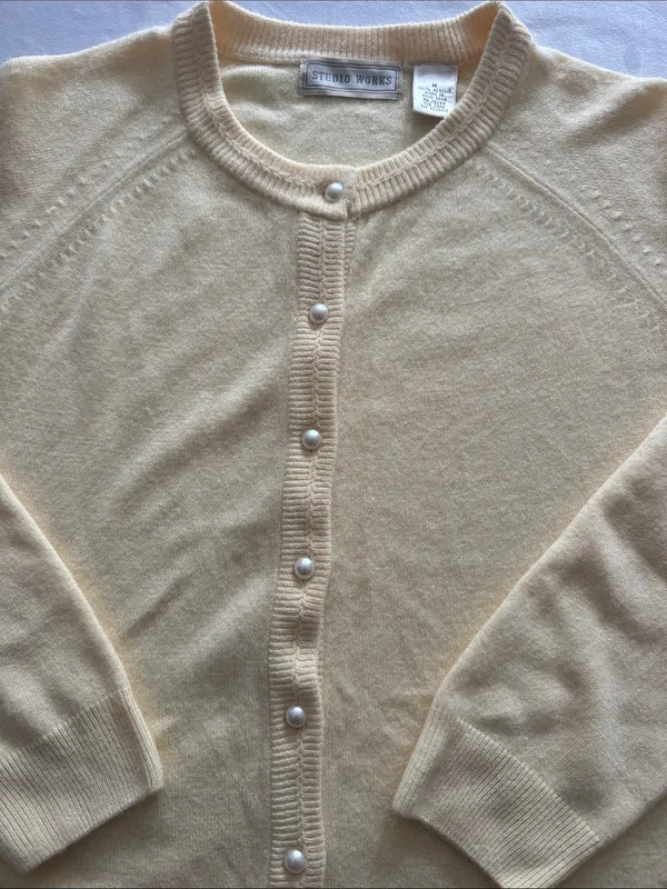 Studio Works Vintage Butter Yellow Cardigan with Faux Pearl Buttons - Image 4