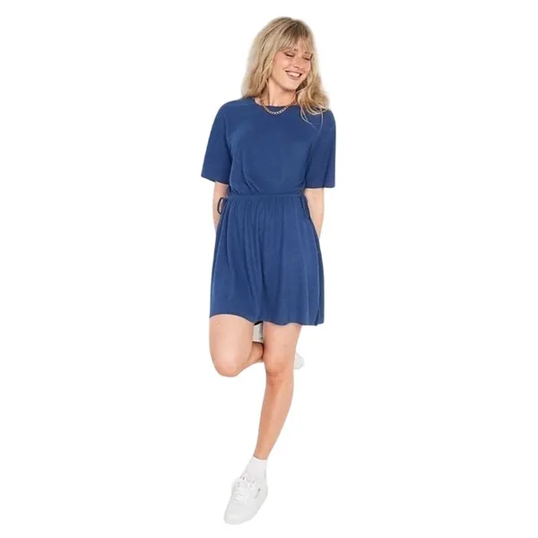 Old Navy Linen Blend T-Shirt Dress Womens Medium Blue Elastic Tie Waist Mini‎ - Image 2
