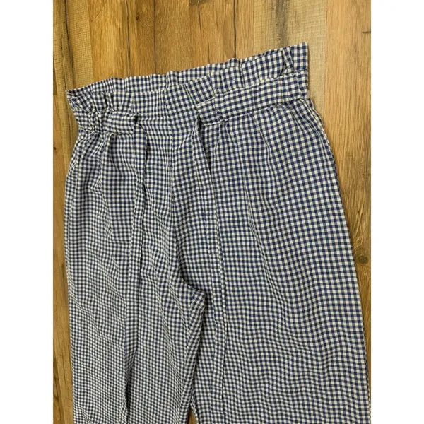 Joie Gingham Wide‎ Leg Cropped Pants Paperbag Waist Blue White Size L - Image 4