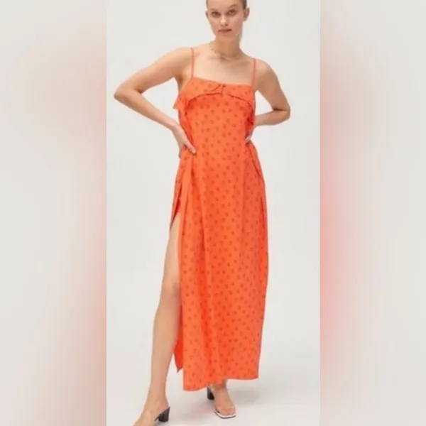 Urban‎ Outfitters Ooh La La Orange Red Rouge Side-Slit Romper Overlay Maxi Dress - Image 3