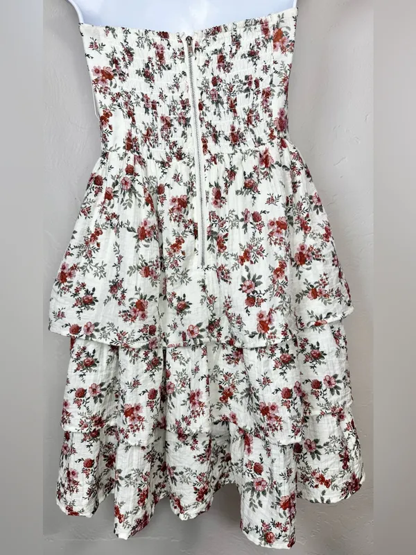 Altar'd State Ivory Strapless Floral Tiered Mini Dress Size Large - Image 7