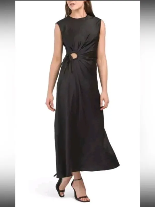 House of Harlow Elegant Black Sleeveless Maxi Satin Slip Dress with Front Twist - Image 3