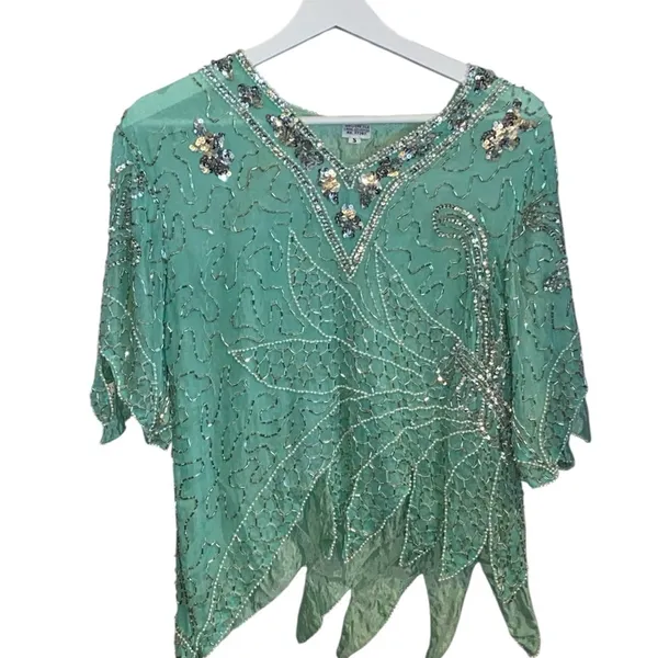 Handmade Vintage 90s Beaded Sequin Seagreen Fairycore Asymmetrical Hem Formal blouse - Image 6
