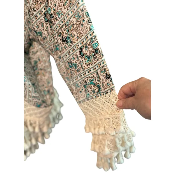ENTRO Women's Floral Vest Type Open Cardigan Crochet Trim Wide Sleeves Sz L Chic - Image 5