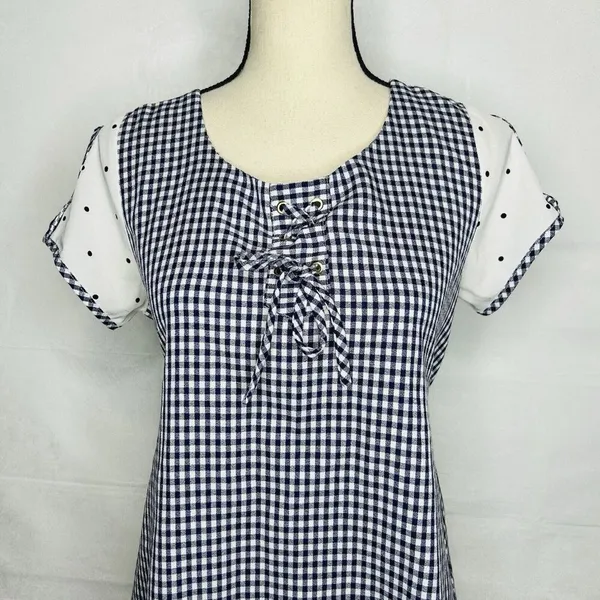 Zara Dress Size M Blue White Gingham Check Shift Short-Sleeve Tie Back - Image 2