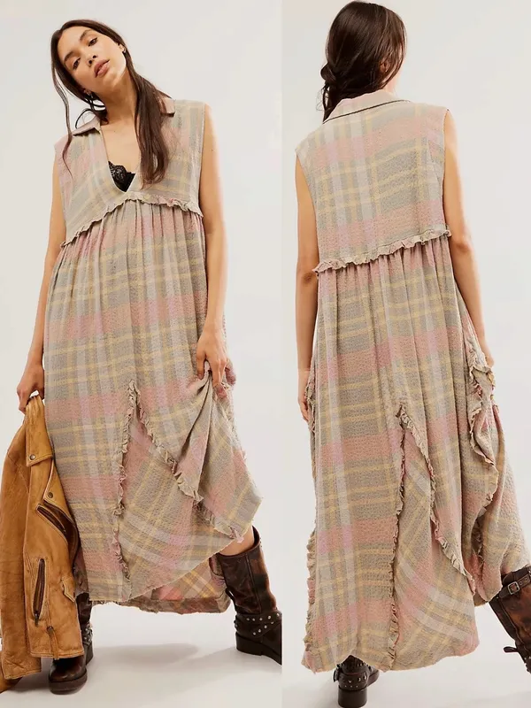 Free People Oversized Bohemian Grunge 90s Plaid Kirby Maxi Dress Size Large - Image 2
