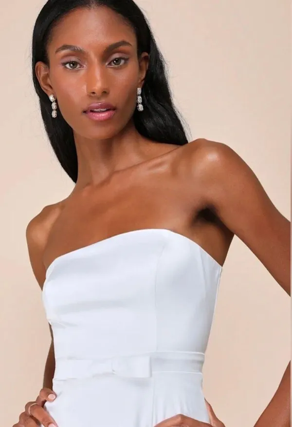 Lulus Adorable Chicness White Satin Strapless Bow Mini Dress - Image 2