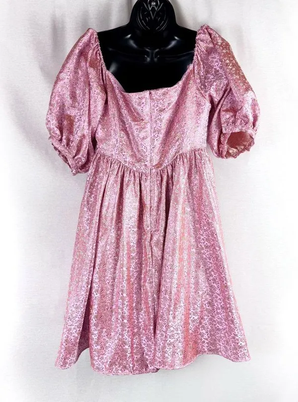 SAU LEE Arabella Mini Dress in Candy Pink Jacquard Floral Bow Puff Sleeve US 8 - Image 6