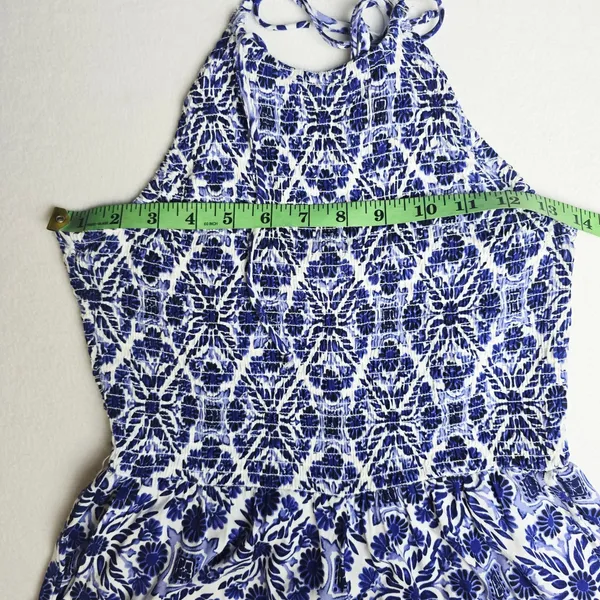 Patrons of Peace 41G Blue White Tile Print Halter Smocked‎ Wide Leg Jumpsuit S - Image 8