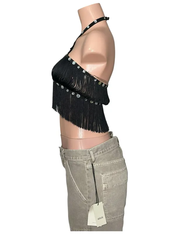 JADED LONDON Asha Fringed Button Crossover Top, Black, XS - Image 8