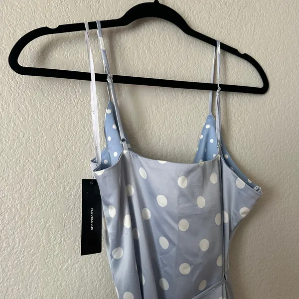 Lulus Love Dottie Polka Dot Satin Wrap Dress Blue Size Small NWT - Image 4
