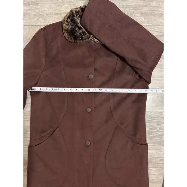 1980s Estuary Lenka K Brown Wool Blend Faux Fur Collar Longline Button Coat - Image 10