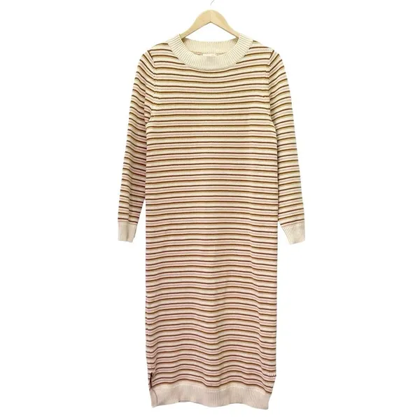 NWT Roolee Sweater Dress Small Cream Pink Brown Striped Knit Midi Long Sleeve - Image 3