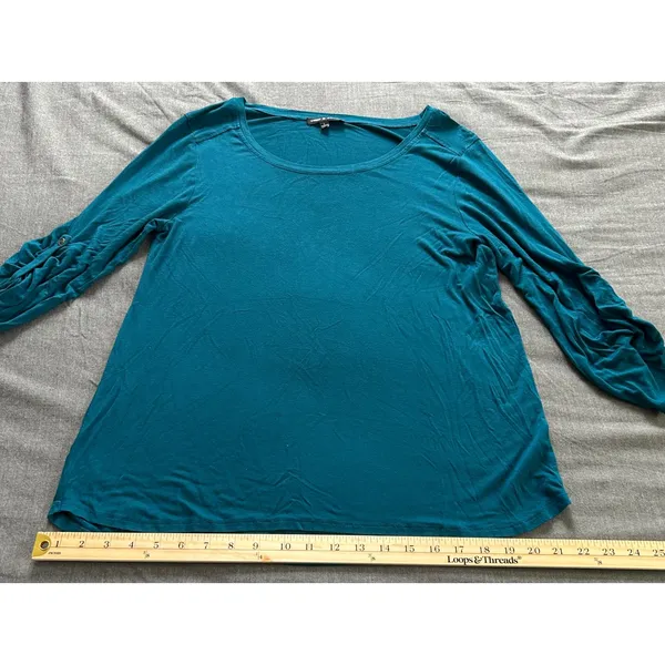 Cable & Gauge Teal Blue Ruched Button Tab Sleeve Scoop Neck Top Large - Image 5