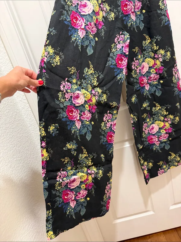 Maeve by Anthropologie Avery Black Floral Rose Wide-Leg Pants Linen Trousers XS - Image 7