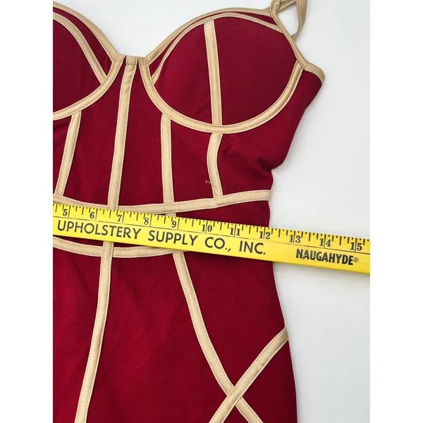 BLASHE Bodycon Dress Sz Small Burgundy Tan Bustier Bandage Spaghetti Straps Sexy - Image 7
