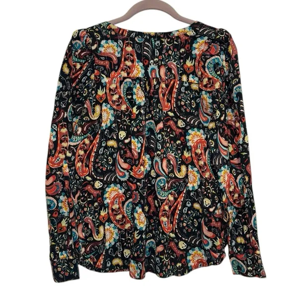 LOFT Paisley‎ Boho Peasant Blouse Medium Black Floral Long Sleeve Button Front - Image 3