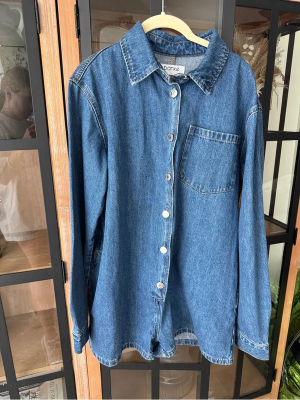 PARKE denim romper long sleeve button up playsuit collar patch dark wash - Image 6