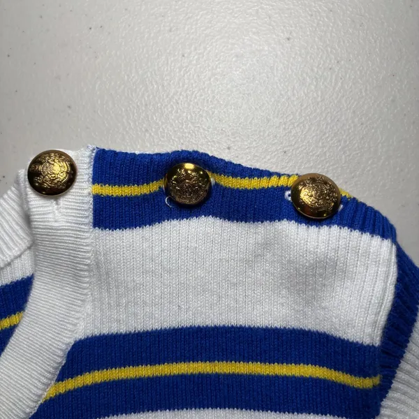 Lauren Ralph Lauren White Blue Yellow Striped‎ Cotton Sweater XL Gold Buttons - Image 10